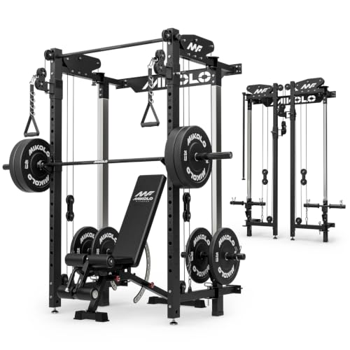 Mikolo Folding Squat Rack, Wall Mounted Power Rack with Cable Crossover Machine & LAT Pull Down, Functional Trainer with 5 Adjustable Function Modes, Home Gym Package - color: Black, size: WR00 Package (BP 230LB & Bar & Bench)