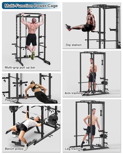 ULTRA FUEGO Power Cage, Multi-Functional Power Rack with J-Hooks, Dip Handles, Landmine Attachment and Optional Cable Pulley System for Home Gym - size: 150LB Weights Package black+Flat Bench