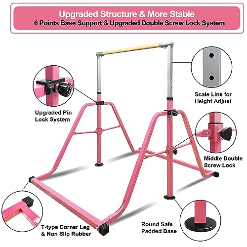 Foldable & Moveable Gymnastics Horizontal Bar with Rings,3’to 5’Adjustable Height Expandable Junior Kip Bar for Home,Indoor Gym Equipment for Kids - style: Foldable Light Pink with Rings
