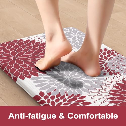 Anti Fatigue Kitchen Mats for Floor 2PCS,17"x47"+17"x29" Farmhouse Dahlia Kitchen Rugs Non Slip Rubber Backing,Waterproof Cushioned Standing Mat for Office,Laundry,Sink,Desk,Red - color: Red, size: 17.3" x 47 "+ 17.3" x 29 "--0.47 inches