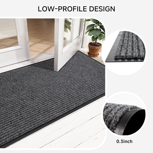 100pointONE Front Door Mat for Outside Entrance, 72" x 24", Dark Gray | Heavy Duty, Indoor Outdoor, Non Slip, Low Profile, Weather Resistant, Easy to Clean, High Traffic Area - color: Dark Grey Striped, size: 2' x 6' (Rectangular)