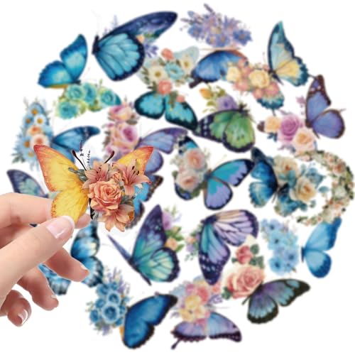 56PCS Butterfly Stickers Aesthetic PET Transparent Stickers Blue Flower Butterfly Decals Waterproof Decorative Decals for Scrapbook Journal Planner Water Bottles Phone Cases Laptops - color: Butterfly