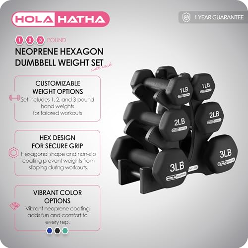 HolaHatha 1, 2 and 3 lb Neoprene Dumbbell Strength Training Weight Set with Rack - color: Black, size: 12 LB