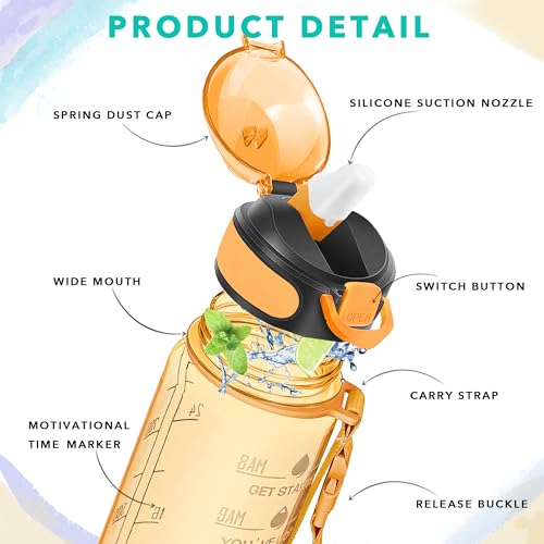 Enerbone 32 oz Water Bottle with Times to Drink and Straw, Motivational Drinking Water Bottles with Carrying Strap, Leakproof BPA & Toxic Free, Ensure You Drink Enough Water for Fitness Gym Outdoor - color: Orange