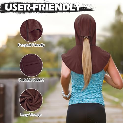 Sukeen Cooling Hoodie Towel, Instant Cooling Towels for Neck and Face, UPF 50 Sun Protection Ponytail Cooling Neck Wraps, Quick Drying Cool Towels for Sports, Gym, Hiking, Camping, Workout, Brown Red