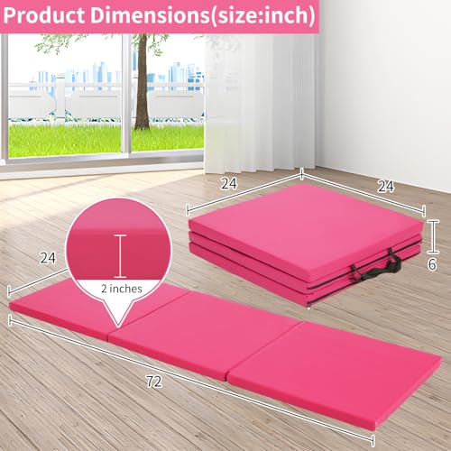 BLKMTY Gymnastics Mats - 2'x6' Folding Exercise & Yoga Mat with Carrying Handles for Kids' Tumbling & Home Gym - color: Pink