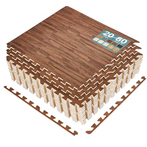 Sorbus 80 Sq. Ft. Wood Grain Floor Tiles Foam Mat EVA Interlocking Mats Tile 3/8-Inch Thick Flooring Wood Puzzle Exercise Mats w/Borders - Home Playroom Basement, Apartment, Trade Show, Baby, Dance - color: Brown, size: 20 Pack