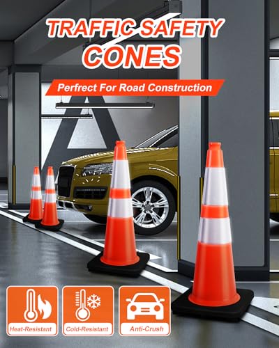 (8 Pack) BESEA 28” inch Traffic Safety Cones Orange Road Parking Cones Heavy Duty Construction Cone Structurally Stable for Traffic Control at Public Place - size: 28 inch