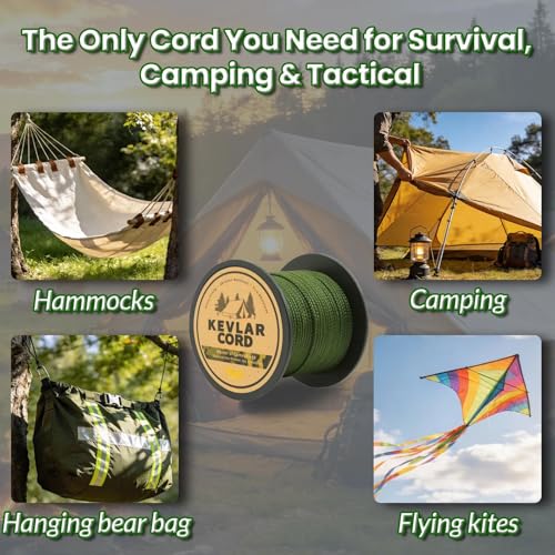 9KM DWLIFE Camo Green Kevlar Cord, High Strength, Ultralight, Abrasion Resistance for Trip Wire, Saw, Model Rocket, Hammock Tarp Ridgeline, Camping，Tactical Survival - size: 150lb | 1mm(Dia.)x200ft