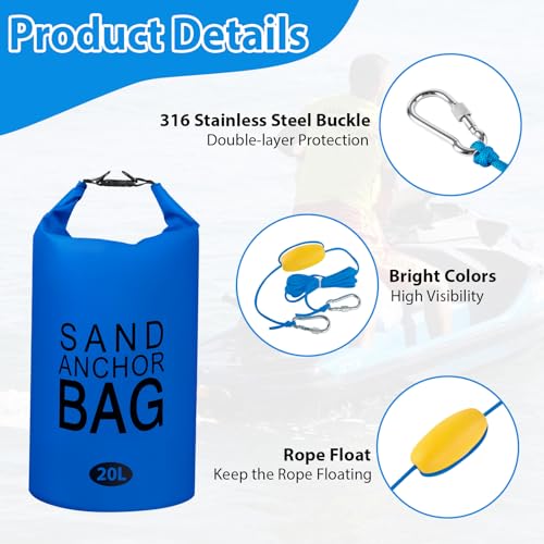 Phoncoo Sand Anchor Bag, 2 in 1 Jet Ski Anchor Kit for Float with Adjustable Buoy, Waterproof Dry Bag for Jetski, Kayak, Boat, Water Sports - color: Dark Blue
