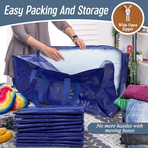 6 Pack Extra Heavy Duty Large Moving Bags with Strong Zipper & Comfortable Handles, Sturdy & Durable Clothes Storage Bags Totes Bins, Packing Moving Boxes for College Supplies, Blue - color: Blue, size: 6 Pack