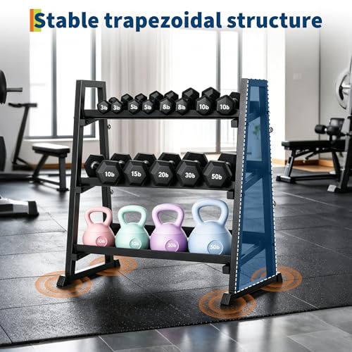 Dumbbell Rack, 3 Tiers Weight Rack for Home Gym, Trapezoidal-Frame & h-Frame Weight Stand for Dumbbells Kettlebells & Weight Plates, 1300LBS Capacity - size: 34.44 x 18.7 x 37.09 Inch