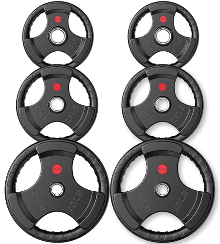 Gikpal Olympic Weight Plates, 2-Inch Three-Grip Rubber Coated Barbell Plates with Steel Hub, Cast Iron Weights for Strength Training & Home Gym, Pair or Sets (2.5–45LB) - style: 160LBS Set (Pair of 10, 25, 45lb)