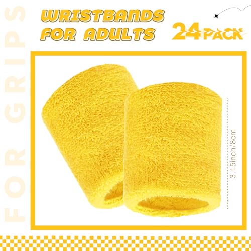 Bememo 24 Pcs Wrist Sweatbands Bulk Sports Wrist Bands for Men Women Breathable Athletic Tennis Wristbands Stretchy Absorbent Cotton Terry for Basketball, Baseball, Gym, Working Out - color: Yellow