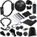 Halloscume 24 Pcs Pilates Kit, Home Pilate Equipment for Women, Pilates Ring and Ball Set with Stretching Strap, Water Bottle, Magic Circle, Yoga Ring, Gym Bag, Resistance Band, Anti Slip Sock - color: Black