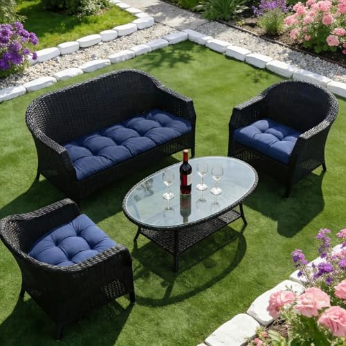 Wicker Chair Cushions of 3 Pieces, Waterproof Cushions for Patio Furniture, Tufted Wicker Outdoor Furniture Cushions, 1 Patio Loveseat Cushion and 2 U-Shaped Cushions, 44"x19"x5", Navy Blue - color: Navy