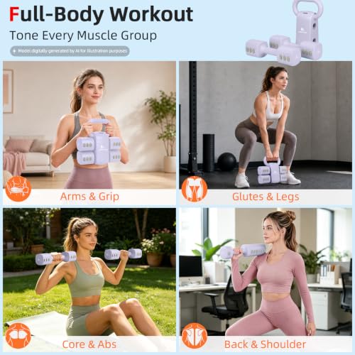 Abahub 2 in 1 Kettlebell & Dumbbell Set for Home Gym, Adjustable Weights Dumbbell Set with Kettlebell Grip Converter, Full Body Workout Kettlebell Set of 2 for Men Women - color: Purple
