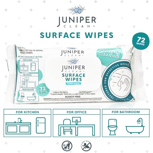 Juniper CLEAN 24 Pack Surface Cleaning Wipes Bleach Free, All-Purpose Cleaner for Bathroom, Kitchen, Office, 1728 Count Soft Flow, Fresh Scent, Bleach Free, Lint Free, Durable - size: 72 Count (Pack of 24)