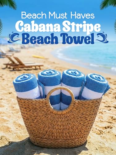 Utopia Towels Pack of 4 Cabana Beach Towels, Oversized 30 x 60 Inches Cotton Beach Towel Set, Smooth Ring Spun Texture for Pool and Swim Days, Modern Striped Design Bath Towels, Blue - color: Blue, size: 30 x 60 - 4 Pack