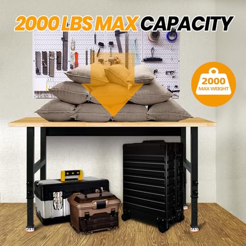 48" Adjustable Work Bench, Rubber Wood Top Workbench | Heavy-Duty Work Table, 2000 LBS Load Capacity Hardwood Work Benches for Garage, Workshop, Home, Office, Easy Assembly - size: 48