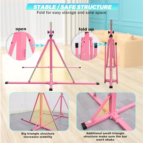 FC FUNCHEER Foldable Gymnastics Bar,5FT Horizontal bar,Adjustable Kids Training bar for Kids Ages 3-15,Kids Gymnastics bar,Triangle Stable Structure-Gym Equipment for Home - color: Pink, style: Bar-Swing-Rings
