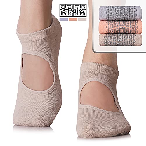 unenow Non Slip Grip Yoga Socks for Women with Cushion for Pilates, Barre, Home - color: 3 Pairs-pink/Light Blue/Beige