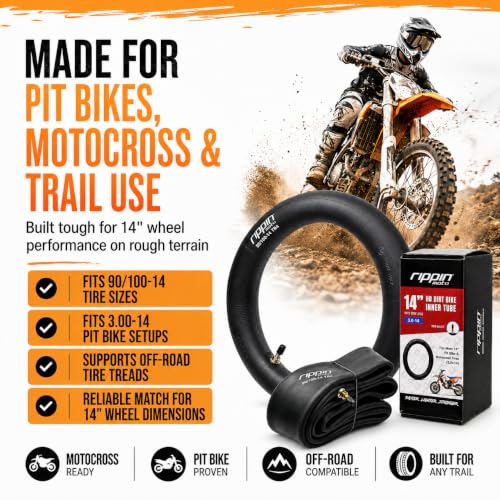 Rippin Moto 90/100-14 (3.0-14) Heavy Duty 14" Dirt Bike Inner Tube - 3mm Thick, TR4 Valve, Fits Most 14" Pit Bike & Motocross Tires (3.0x14)