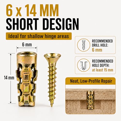 6 x 14 mm Short Expansion Screw Set for Cabinet Hinge Repair, Metal Anchors with Matching Screws, Stripped Hole Fixing Kit for Cupboard Wardrobe Door, Tile Wood Stone Drywall (50pcs) - color: 50pcs