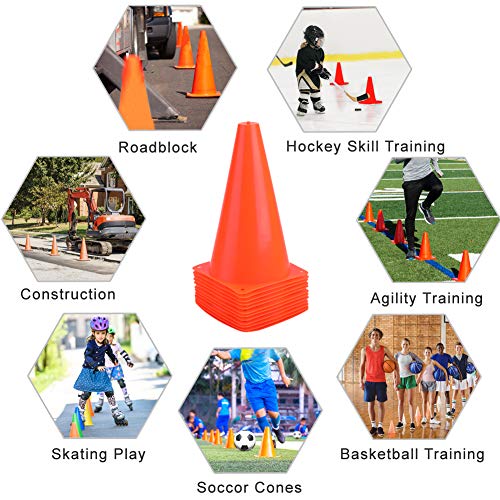 9 Inch Plastic Training Traffic Cones, Sport Cones, Agility Field Marker Cones for Soccer Basketball Football Drills Training, Outdoor Activity or Events - (Set of 10, 12, 15 or 24, 4 Colors) - color: 12 Pack Orange