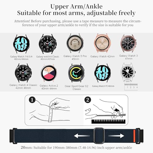 20mm Nylon Sport Ankle/Arm Band Compatibel with Galaxy Watch 7/6/5/4/FE 44mm 40mm/Watch 5 Pro/ 6 Classic 47mm 43mm/ 4 Classic Strap,Elastic Oberarmband Bicep Band for Women Men - color: Deep Blue