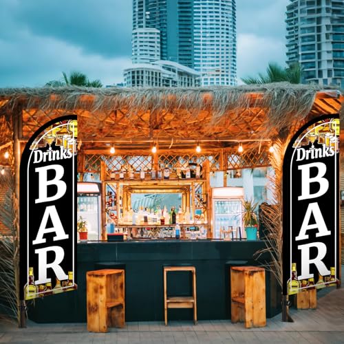 Mindsoft 2 Pack Bar Drinks Feather Flag 8.2 Feet Tall Advertising Swooper Flag Banner Stand Signs with Pole and Ground Stake for Outdoor Business Market Store - style: Bar Drinks