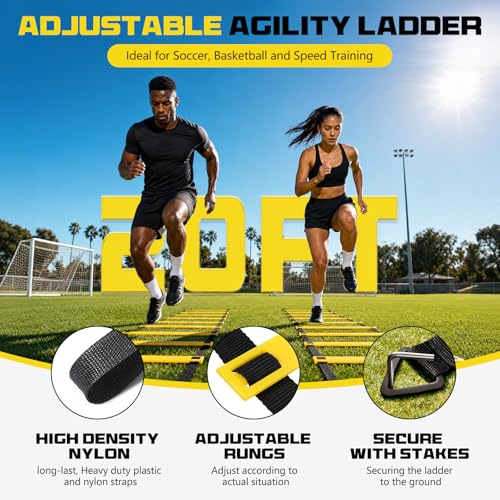 2 Pack 20ft Agility Ladder Set, 40ft Total Adjustable Speed Ladder with 12 Cones, 8 Stakes, 1 Carry Bag - Parallel Footwork Drills Gear for Football Soccer Basketball Training Equipment - color: Yellow