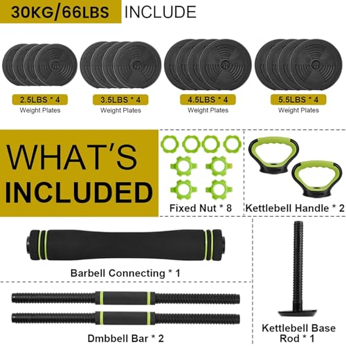 Adjustable Weight Set 66/88 Lbs, 4-in-1 Dumbbell Set and Barbell Weight Set for Home Gym, Converts to Kettlebell & Push-Up Stand, Free Weights Dumbbells Set for Men & Women Full Body Workout - size: 66 LB-Round