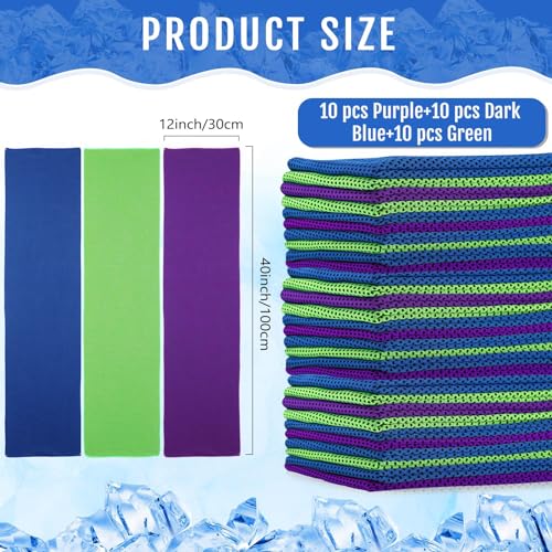 Hosuly 30 Pack Cooling Towels, 40"x12" Ice Breathable Soft Chilly Sweat Rag Microfiber Workout Rags for Gym Cooling Towels for Neck and Face for Yoga Golf Sport Running - color: Dark Blue, Light Green, Purple