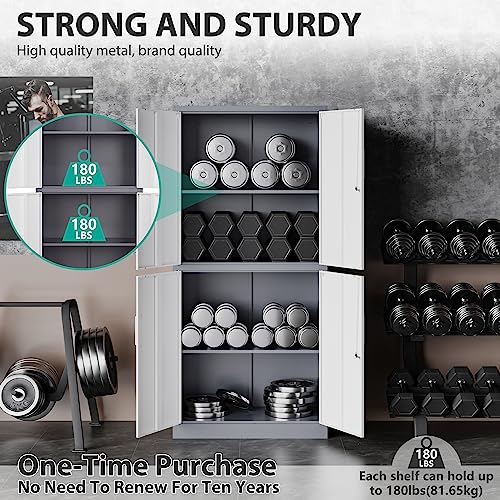 SISESOL Storage Cabinets With Doors And Shelves, 71'' Metal Garage Cabinet Locking, Adjustable Layers For Home Gym, bathroom, kitchen, office, Gray White