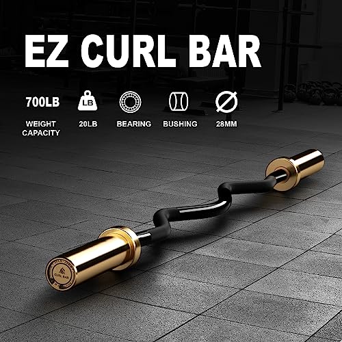 LIONSCOOL 2 Inch EZ Curl Bar, 350LBS/700LBS Weight Capacity Olympic Curl Barbell for Bicep, Tricep Workout, Deadlifts, Weightlifting, Strength Training Exercises - color: Golden & Black