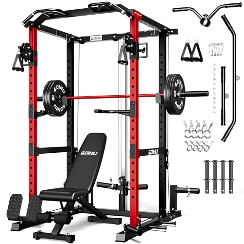 RH01 Power Cage Rack, 2000LBS Squat Rack with with Cable Crossover System&LAT Pull Down System, Multi-Function Workout Cage for Home&Garage Gym - color: Red-SE, size: RH01 Power Cage with 120LB Weights