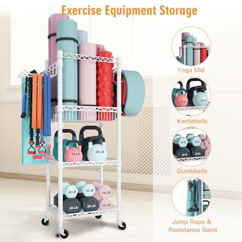 FUTASSI Home Gym Storage, 3 Tiers Workout Equipment Organizer with Wheels for Yoga Mats, Foam Roller, Dumbbells, Kettlebells, and Resistance Bands - color: White, size: Single-Row
