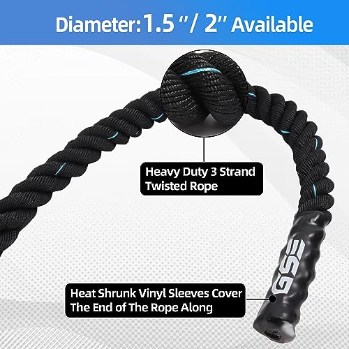 GSE Games & Sports Expert Gym Battle Rope, Heavy-Duty Workout Ropes for Indoor & Outdoor Workout, Exercise Rope for Strength Training - 30,40,50 Feet Lengths Available - color: Black&Blue, size: 50ft x 2"