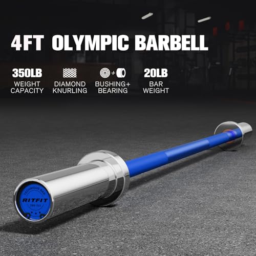 RITFIT Olympic Barbell 4ft/6ft - 2 Inch Weight Bar for Strength Training, Weightlifting, Squat, Deadlift, Bench Press, Curl, Overhead Press - 350lbs/500lbs Capacity - color: Silver/Blue, size: 4FT without Collar