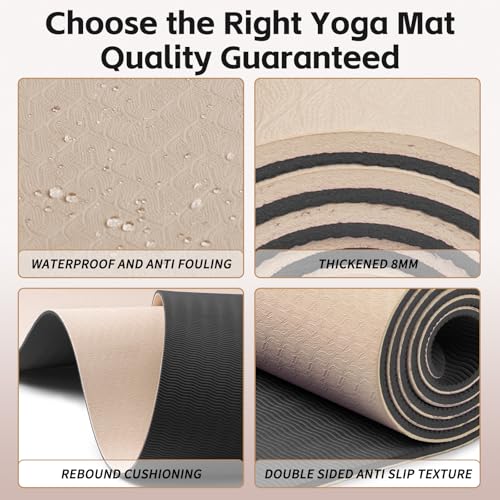 PAIDU Yoga Mat 8mm TPE Non‑Slip Fitness Mat with Strap for Home Workouts | SGS Certified, Odorless, Tear‑Resistant, Unisex, for Yoga, Pilates, Meditation, Home & Gym Workouts - color: Beige&Black
