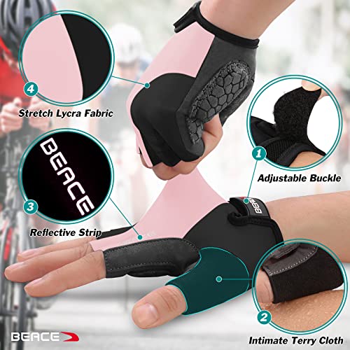 BEACE Gloves for Cycling Bike Biking Half Finger Road Bicycle for Men and Women-5MM Breathable Anti-Slip Shock-Absorbing Pad Gym Motorcycle Light Weight Mountain Bike Gloves - color: Pink, size: Medium