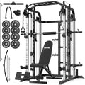 Smith Machine, Multifunctional Power Cage Rack with Smith Bar and Cable Pulley System, and LAT Pull Down Machine for Home Gym… - style: Power Cage with 140 Lbs Plates and Bench