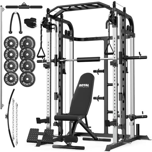 Smith Machine, Multifunctional Power Cage Rack with Smith Bar and Cable Pulley System, and LAT Pull Down Machine for Home Gym… - style: Power Cage with 140 Lbs Plates and Bench