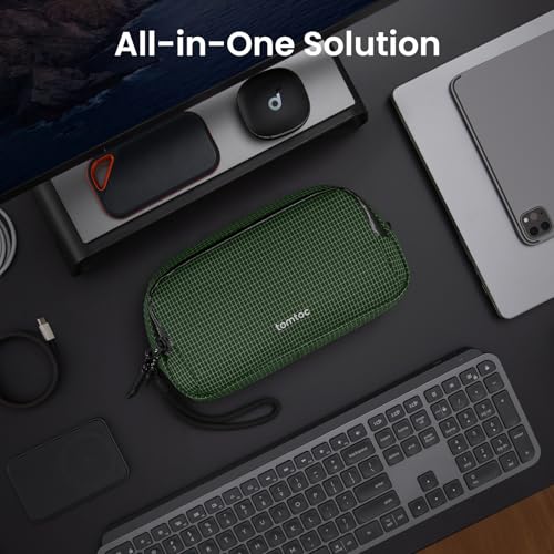 tomtoc Electronic Organizer Travel Case Performance, Water Resistant Dual Compartment Cable Organization Storage Bag for Charger, Cord, Phone, Hard Drive, Power Bank, Accessories Travel Essentials - color: Green Plaid, size: Medium