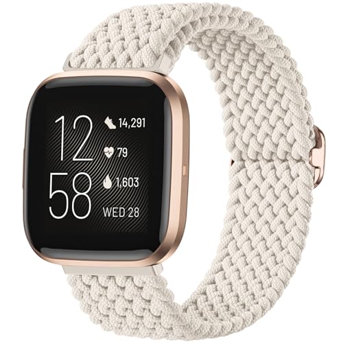 Maledan Braided Bands Compatible with Fitbit Versa 2 and Fitbit Versa for Women Men, Breathable Stretchy Bracelet Replacement Wrist Band for Versa 2/ Lite/ SE Strap, Apricot - color: 2-Lunar White