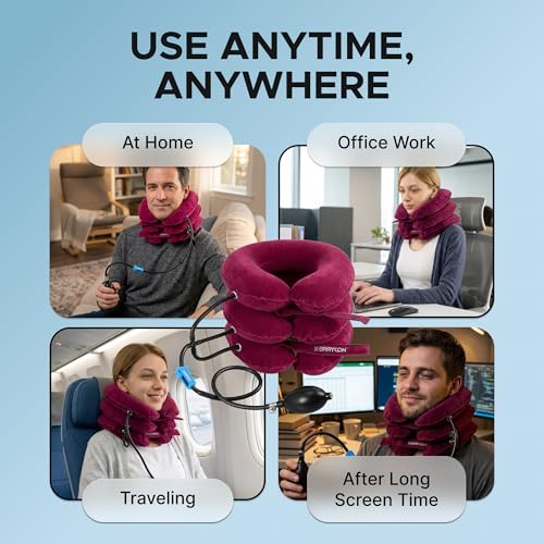 Inflatable Neck Stretcher for Neck Pain Relief, Cervical Traction Device with Hand Pump, 3-Layer Adjustable Neck Decompression Collar for Pinched Nerve, Stiff Neck & Tech Neck Support | Breathable Material - color: Blush Rose Pink