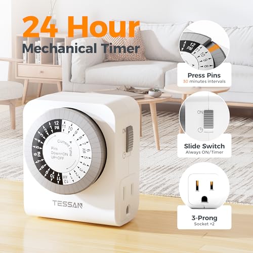 TESSAN Outlet Timer, Mechanical 24-Hour, 2 Pack | Dual 3-Prong Sockets, 30-Minute Intervals, For Lamps, Christmas Lights, Fans, Indoor Use