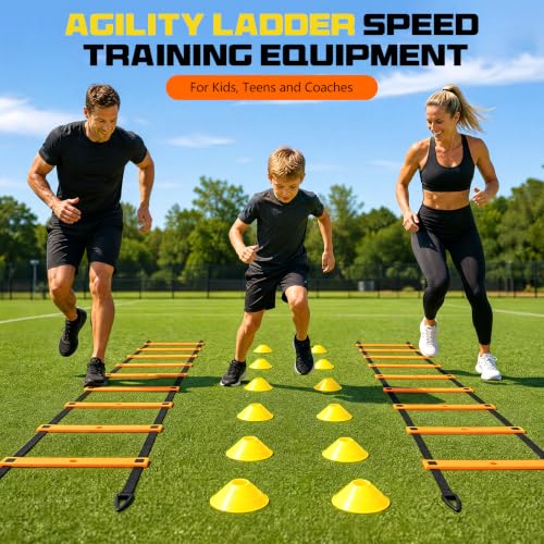 2 Pack 20ft Agility Ladder Set, 40ft Total Adjustable Speed Ladder with 12 Cones, 8 Stakes, 1 Carry Bag - Parallel Footwork Drills Gear for Football Soccer Basketball Training Equipment - color: Orange