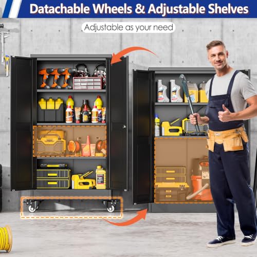 GAIOUS Metal Garage Storage Cabinet with Lock and Wheels, 45.7" Tall Metal Storage Cabinets with Locked Door and 3 Adjustable Shelves, Rolling Tool Cabinet, Utility File Cabinet for Home Office, Black - color: Black, size: 11.81"D x 23.62"W x 45.67"H